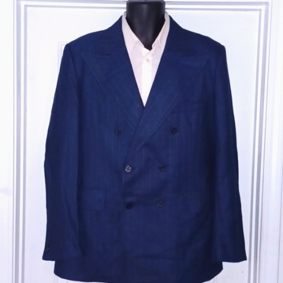 VTG Blue Pinstripe Double-Breasted Wool Blazer / Sportcoat, 42L - Picture 10 of 11